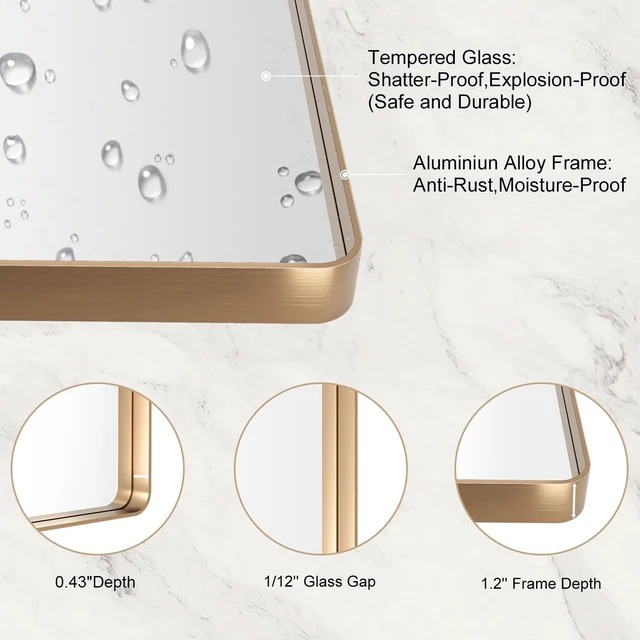 Alt view image 5 of 7 - 24"X32" Gold Bathroom Mirror | Rounded Rectangle, Brushed Gold Frame, Wall-Mounted, Anti-Rust, Hangs Horizontally or Vertically
