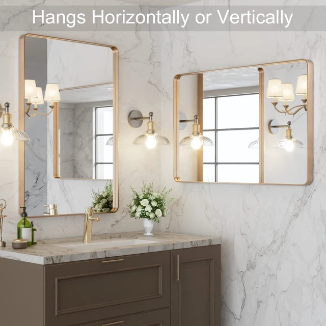 Alt view image 7 of 7 - 24"X32" Gold Bathroom Mirror | Rounded Rectangle, Brushed Gold Frame, Wall-Mounted, Anti-Rust, Hangs Horizontally or Vertically
