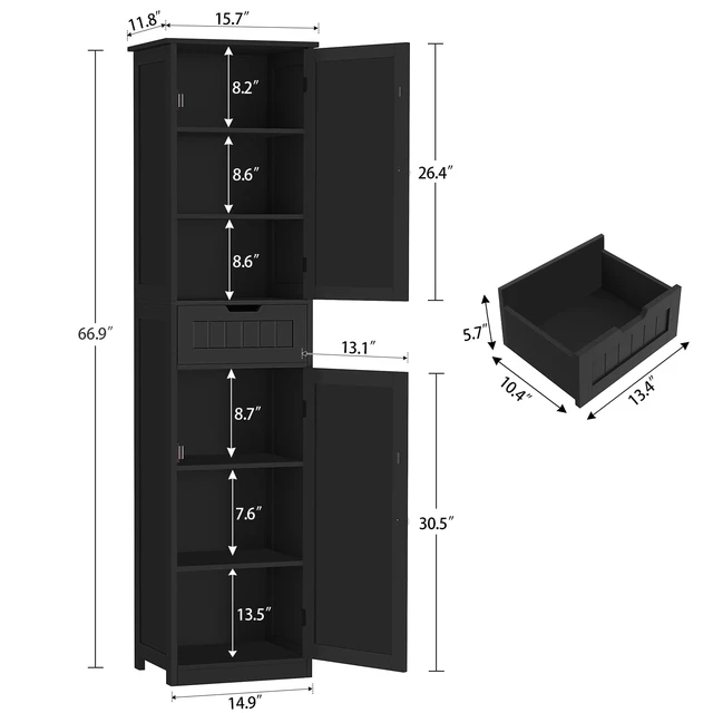 Alt view image 3 of 7 - 66.9" Tall Bathroom Storage Cabinet with 2 Doors & 1 Drawer | Narrow Storage Cabinet with Adjustable Shelves, Floor Cabinet for Bathroom, Living Room, Entryway, Kitchen, Black, 15.7" W