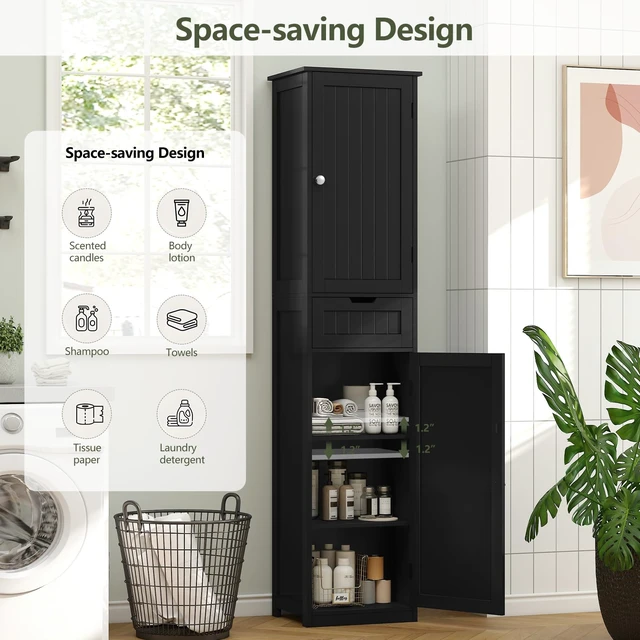 Alt view image 4 of 7 - 66.9" Tall Bathroom Storage Cabinet with 2 Doors & 1 Drawer | Narrow Storage Cabinet with Adjustable Shelves, Floor Cabinet for Bathroom, Living Room, Entryway, Kitchen, Black, 15.7" W