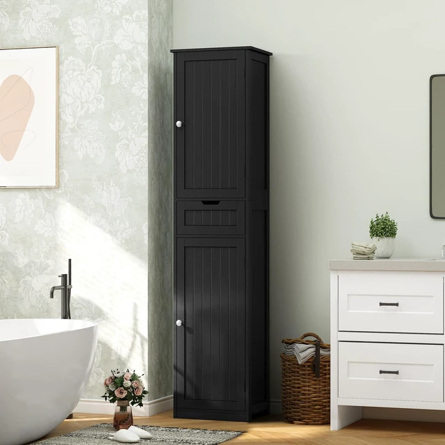 Alt view image 7 of 7 - 66.9" Tall Bathroom Storage Cabinet with 2 Doors & 1 Drawer | Narrow Storage Cabinet with Adjustable Shelves, Floor Cabinet for Bathroom, Living Room, Entryway, Kitchen, Black, 15.7" W