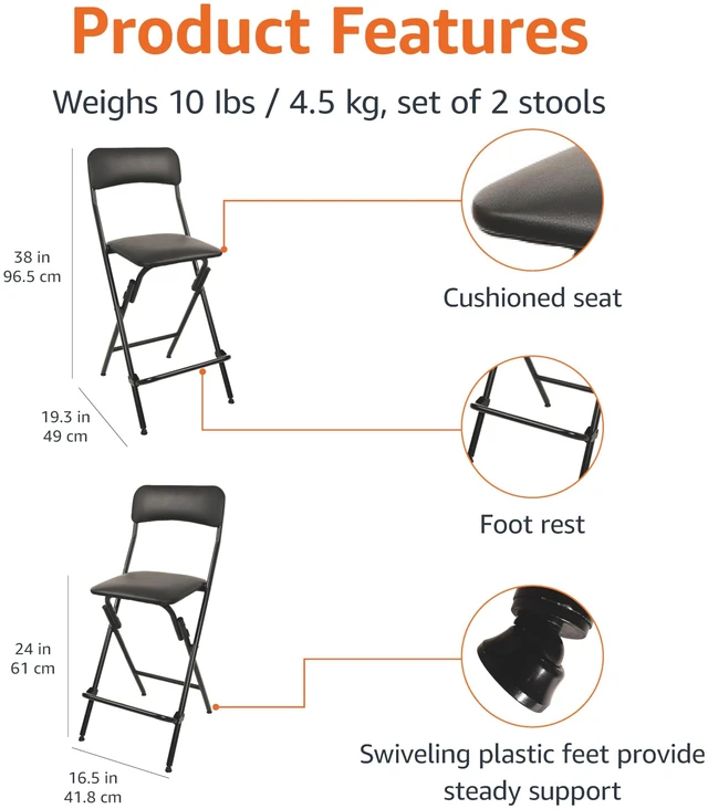 Alt view image 2 of 3 - Folding Bar Stool with Footrest, Portable, Sturdy, Space-Saving Storage, 300lb Capacity, 24" Height, Black, Set of 2