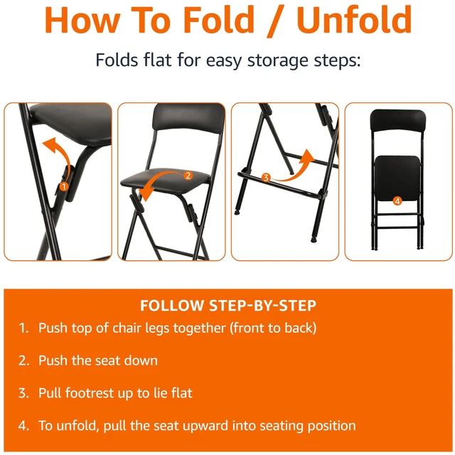Alt view image 3 of 3 - Folding Bar Stool with Footrest, Portable, Sturdy, Space-Saving Storage, 300lb Capacity, 24" Height, Black, Set of 2