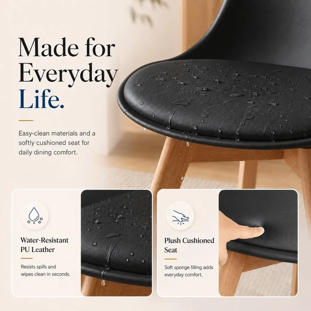 Alt view image 4 of 7 - Dining Chairs Set of 4, Modern Upholstered Dining Room Chairs with PU Leather Padded Seat, Armless Kitchen Chairs with Curved Backrest and Solid Wood Legs for Dining Room, Kitchen, Apartment, Black