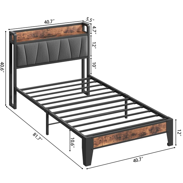Alt view image 2 of 7 - Twin Size Bed Frame with Storage Headboard and Charging Station | Vintage Brown and Gray Upholstered Platform Bed Frame, Sturdy Noise-Free Metal Support, No Box Spring Needed, Easy Assembly