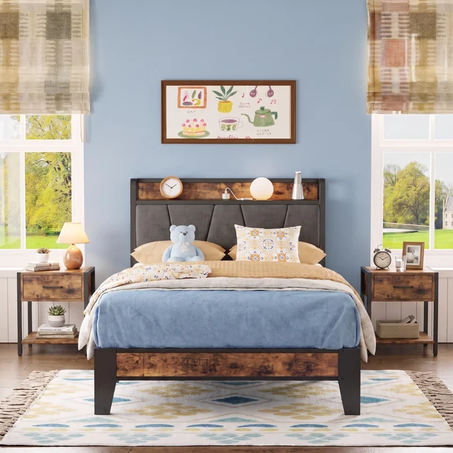 Alt view image 3 of 7 - Twin Size Bed Frame with Storage Headboard and Charging Station | Vintage Brown and Gray Upholstered Platform Bed Frame, Sturdy Noise-Free Metal Support, No Box Spring Needed, Easy Assembly