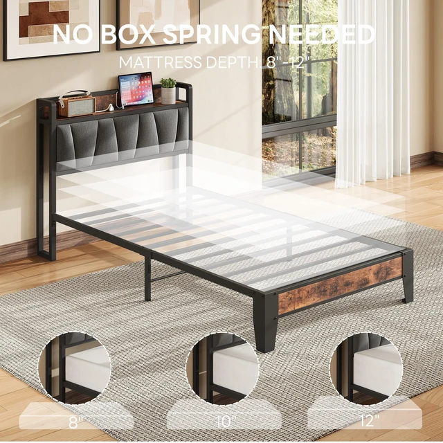 Alt view image 5 of 7 - Twin Size Bed Frame with Storage Headboard and Charging Station | Vintage Brown and Gray Upholstered Platform Bed Frame, Sturdy Noise-Free Metal Support, No Box Spring Needed, Easy Assembly