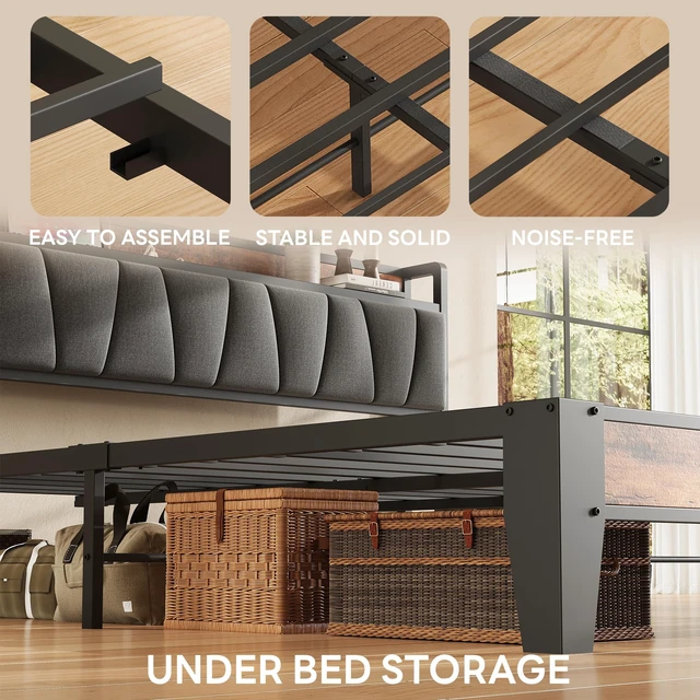 Alt view image 6 of 7 - Twin Size Bed Frame with Storage Headboard and Charging Station | Vintage Brown and Gray Upholstered Platform Bed Frame, Sturdy Noise-Free Metal Support, No Box Spring Needed, Easy Assembly