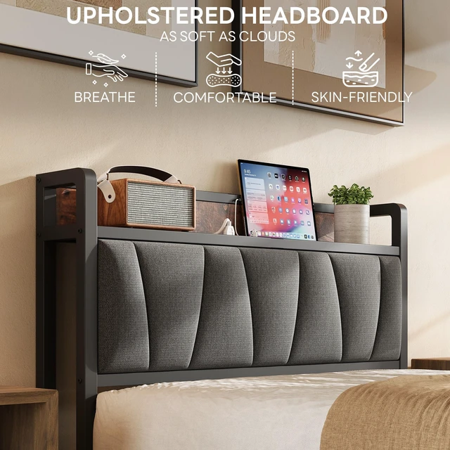 Alt view image 4 of 7 - Twin Size Bed Frame with Storage Headboard and Charging Station | Vintage Brown and Gray Upholstered Platform Bed Frame, Sturdy Noise-Free Metal Support, No Box Spring Needed, Easy Assembly