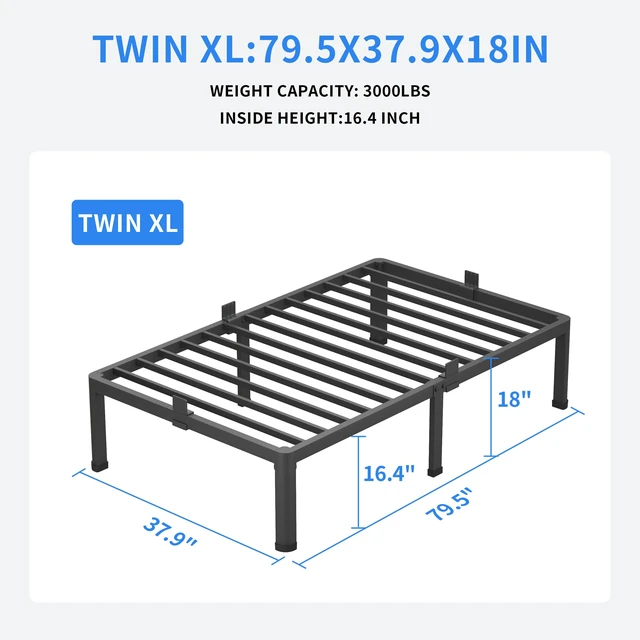 Alt view image 2 of 7 - 18 Inch Twin XL Bed Frames with Round Corner Leg Mattress Slide Stopper | No Box Spring Needed, Heavy Duty Metal Platform Bed Frame, 16.6" Storage Space, 3000 LBS Steel Slats Support, Easy Assembly