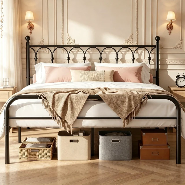 Main image of 12 Inch King Metal Bed Frame with Victorian Headboard, Heavy Duty Platform Bed with Steel Slat Support, Stable & Noiseless, Under Foundation Storage, No Box Spring Needed, Easy Assembly, Black
