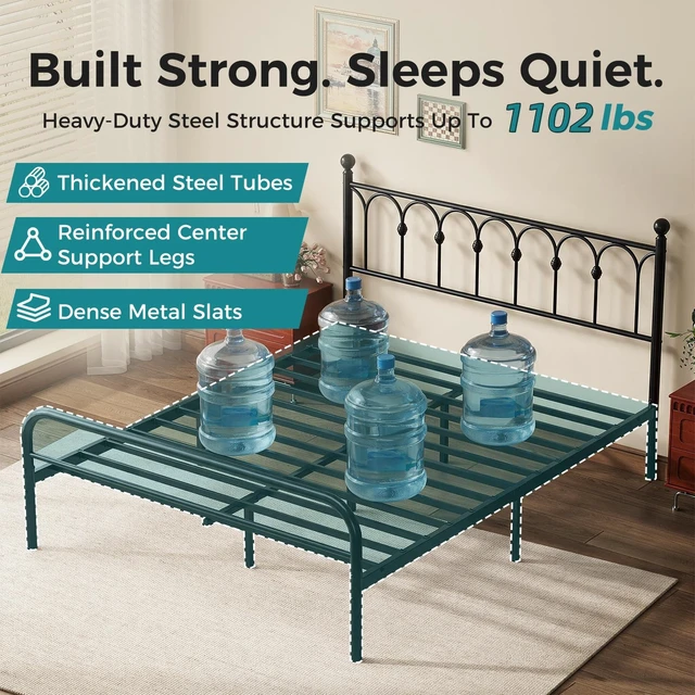 Alt view image 2 of 7 - 12 Inch King Metal Bed Frame with Victorian Headboard, Heavy Duty Platform Bed with Steel Slat Support, Stable & Noiseless, Under Foundation Storage, No Box Spring Needed, Easy Assembly, Black