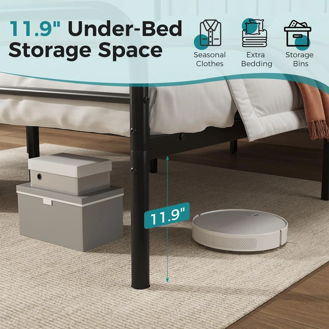 Alt view image 4 of 7 - 12 Inch King Metal Bed Frame with Victorian Headboard, Heavy Duty Platform Bed with Steel Slat Support, Stable & Noiseless, Under Foundation Storage, No Box Spring Needed, Easy Assembly, Black