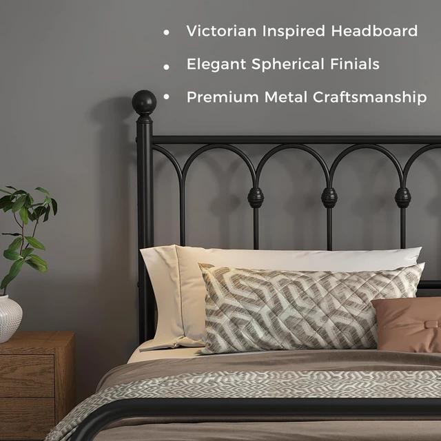 Alt view image 7 of 7 - 12 Inch King Metal Bed Frame with Victorian Headboard, Heavy Duty Platform Bed with Steel Slat Support, Stable & Noiseless, Under Foundation Storage, No Box Spring Needed, Easy Assembly, Black