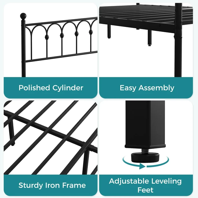 Alt view image 6 of 7 - 12 Inch King Metal Bed Frame with Victorian Headboard, Heavy Duty Platform Bed with Steel Slat Support, Stable & Noiseless, Under Foundation Storage, No Box Spring Needed, Easy Assembly, Black