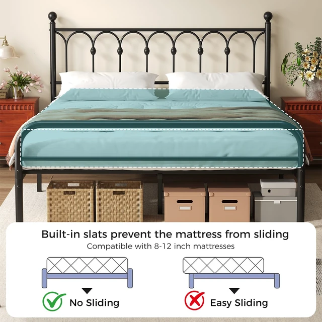 Alt view image 5 of 7 - 12 Inch King Metal Bed Frame with Victorian Headboard, Heavy Duty Platform Bed with Steel Slat Support, Stable & Noiseless, Under Foundation Storage, No Box Spring Needed, Easy Assembly, Black