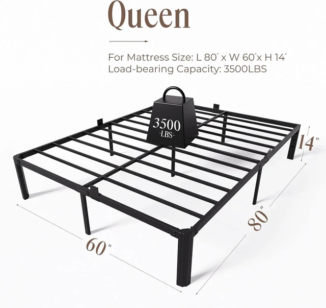 Alt view image 3 of 7 - Queen Metal Bed Frame 14 Inch, Heavy Duty Platform, No Box Spring Needed | Headboard compatible, round corners, under-bed storage, mattress retainers, squeak-resistant, easy assembly