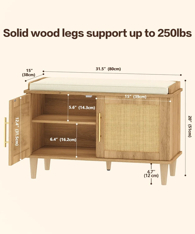Alt view image 2 of 7 - 31.5" Rattan Shoe Storage Bench 2 Doors Wooden Entryway Bench Oak | 2 Tier Shoe Bench with Padded Cushion, Adjustable Shelves and 2 Doors, Solid Wood Legs, for Hallway, Living Room, Bedroom