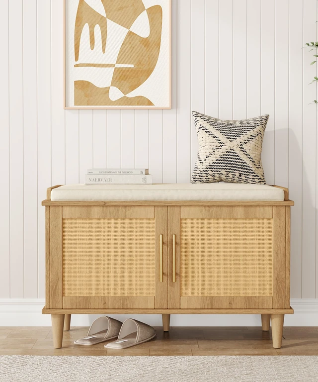 Alt view image 3 of 7 - 31.5" Rattan Shoe Storage Bench 2 Doors Wooden Entryway Bench Oak | 2 Tier Shoe Bench with Padded Cushion, Adjustable Shelves and 2 Doors, Solid Wood Legs, for Hallway, Living Room, Bedroom