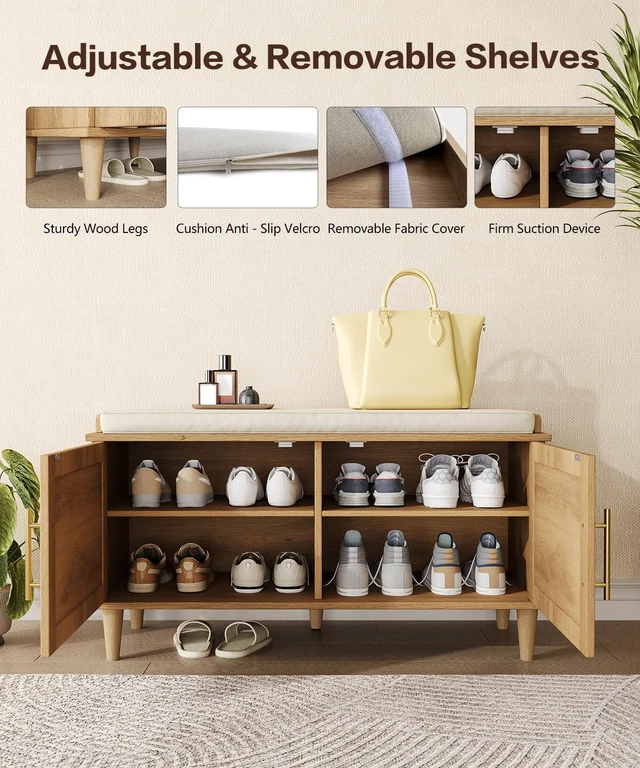 Alt view image 6 of 7 - 31.5" Rattan Shoe Storage Bench 2 Doors Wooden Entryway Bench Oak | 2 Tier Shoe Bench with Padded Cushion, Adjustable Shelves and 2 Doors, Solid Wood Legs, for Hallway, Living Room, Bedroom