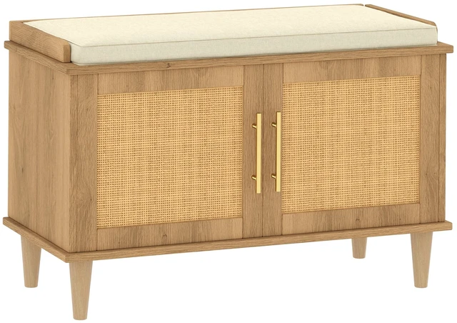 Main image of 31.5" Rattan Shoe Storage Bench 2 Doors Wooden Entryway Bench Oak | 2 Tier Shoe Bench with Padded Cushion, Adjustable Shelves and 2 Doors, Solid Wood Legs, for Hallway, Living Room, Bedroom