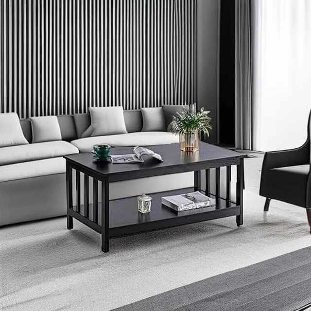 Alt view image 5 of 7 - Mission Coffee Table, Black Wood Living Room Table with Shelf, 40 Black
