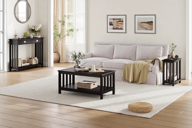 Alt view image 2 of 7 - Mission Coffee Table, Black Wood Living Room Table with Shelf, 40 Black