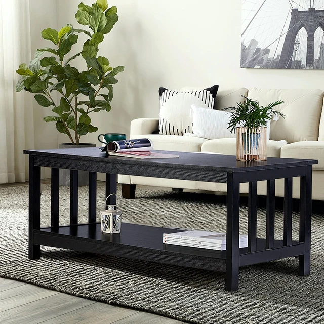 Alt view image 6 of 7 - Mission Coffee Table, Black Wood Living Room Table with Shelf, 40 Black