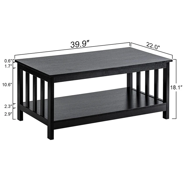 Alt view image 7 of 7 - Mission Coffee Table, Black Wood Living Room Table with Shelf, 40 Black