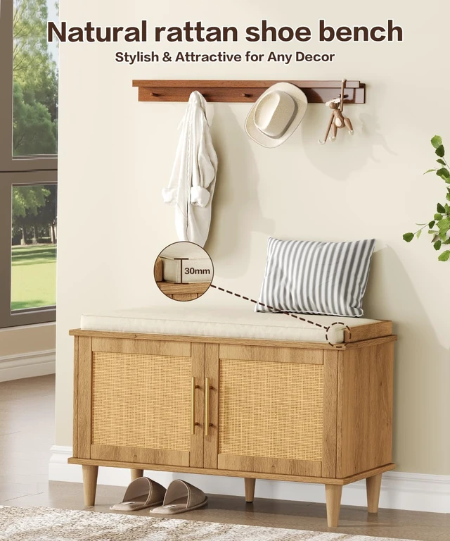 Alt view image 4 of 7 - 31.5" Rattan Shoe Storage Bench 2 Doors Wooden Entryway Bench Oak | 2 Tier Shoe Bench with Padded Cushion, Adjustable Shelves and 2 Doors, Solid Wood Legs, for Hallway, Living Room, Bedroom