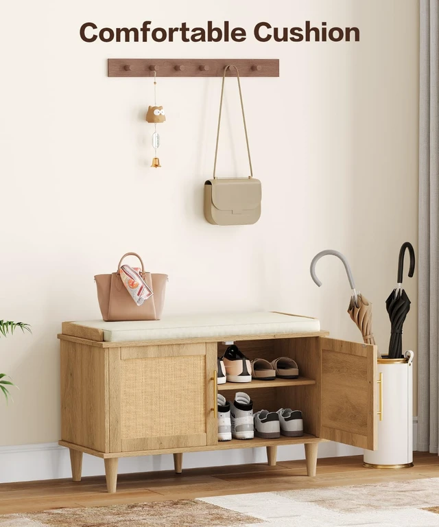 Alt view image 5 of 7 - 31.5" Rattan Shoe Storage Bench 2 Doors Wooden Entryway Bench Oak | 2 Tier Shoe Bench with Padded Cushion, Adjustable Shelves and 2 Doors, Solid Wood Legs, for Hallway, Living Room, Bedroom