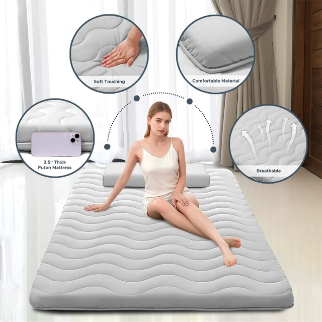 Alt view image 2 of 7 - Japanese Floor Mattress Futon Mattress Queen 3.5" Thick | Foldable Mattress Tatami Mat Sleeping Pad, 100% High Density Foam, Roll Up Floor Lounger Bed for Living Room RV, Grey