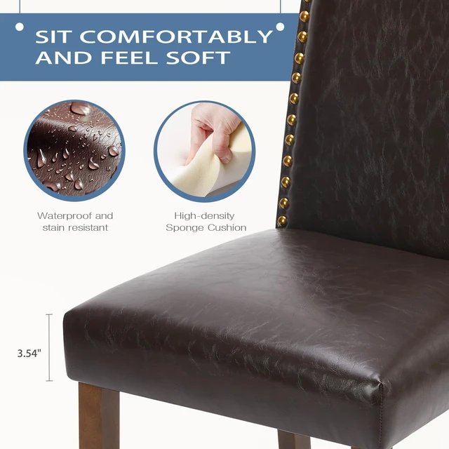 Alt view image 3 of 7 - Dining Chairs Set of 2, PU Leather Kitchen Chair, Brown | Wood Legs, Padded Seat, High Back, Armless, Restaurant, Nailhead Trim, Modern Kitchen Side, Living Room