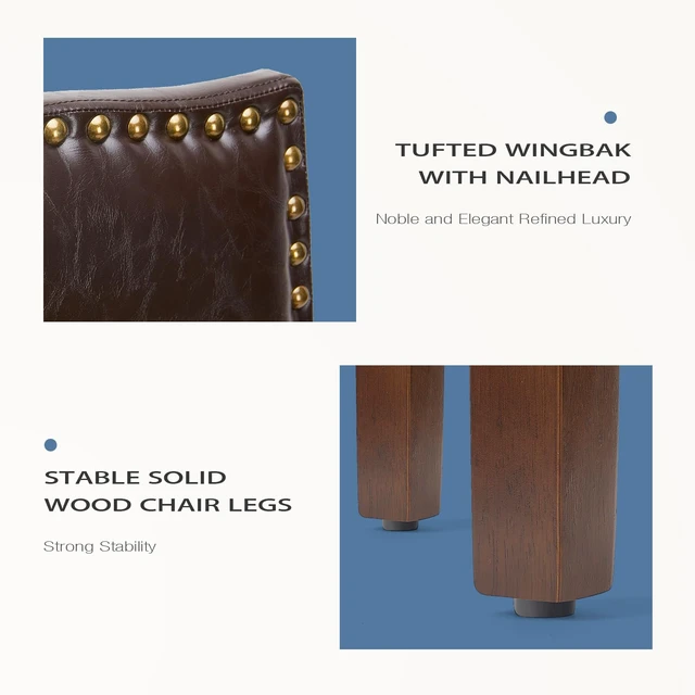 Alt view image 4 of 7 - Dining Chairs Set of 2, PU Leather Kitchen Chair, Brown | Wood Legs, Padded Seat, High Back, Armless, Restaurant, Nailhead Trim, Modern Kitchen Side, Living Room