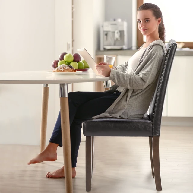 Alt view image 6 of 7 - Dining Chairs Set of 2, PU Leather Kitchen Chair, Brown | Wood Legs, Padded Seat, High Back, Armless, Restaurant, Nailhead Trim, Modern Kitchen Side, Living Room