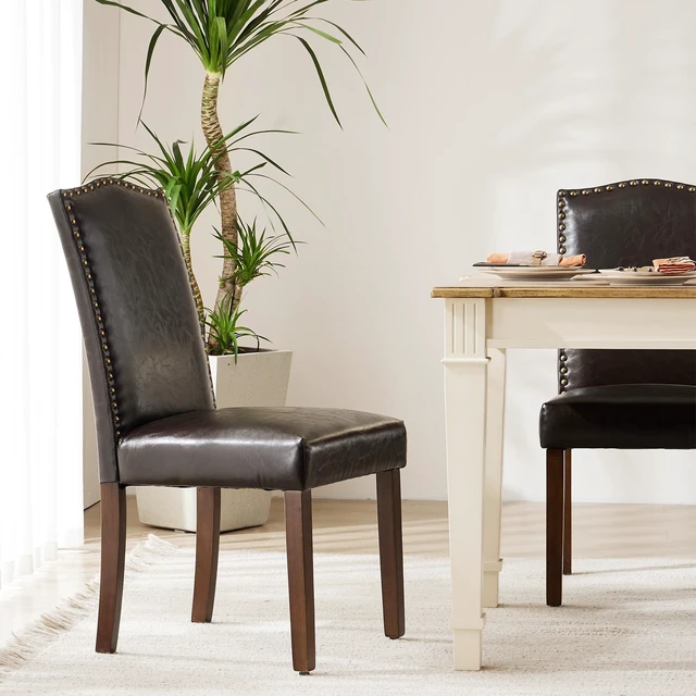 Alt view image 7 of 7 - Dining Chairs Set of 2, PU Leather Kitchen Chair, Brown | Wood Legs, Padded Seat, High Back, Armless, Restaurant, Nailhead Trim, Modern Kitchen Side, Living Room