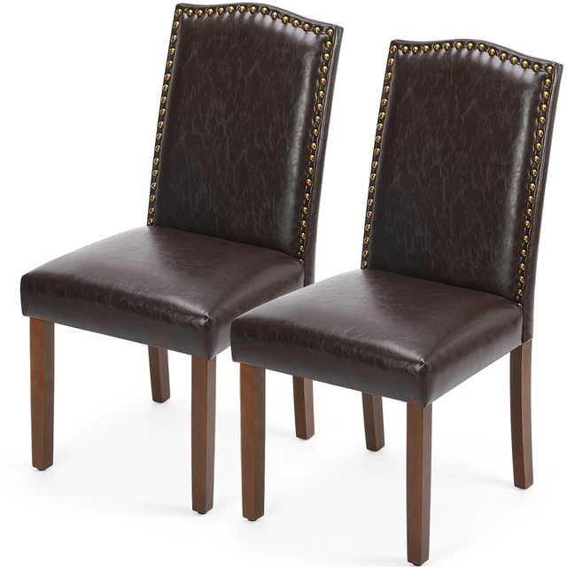 Main image of Dining Chairs Set of 2, PU Leather Kitchen Chair, Brown | Wood Legs, Padded Seat, High Back, Armless, Restaurant, Nailhead Trim, Modern Kitchen Side, Living Room