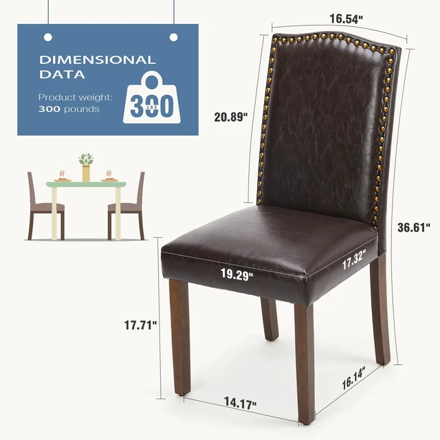 Alt view image 2 of 7 - Dining Chairs Set of 2, PU Leather Kitchen Chair, Brown | Wood Legs, Padded Seat, High Back, Armless, Restaurant, Nailhead Trim, Modern Kitchen Side, Living Room