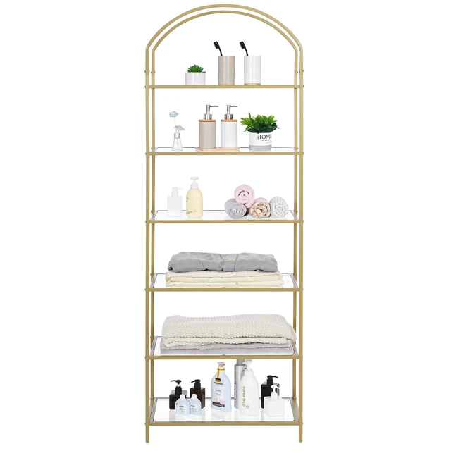 Alt view image 2 of 7 - 6-Tier Tall Gold Bookshelf, Arched Bookcase with Glass Shelves | Modern Arched Display Racks, Metal Bookcase, Storage Shelf for Home, Office,Living Room,Bedroom, 11.8" D x 23.6" W x 73.6" H