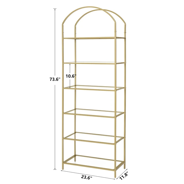 Alt view image 4 of 7 - 6-Tier Tall Gold Bookshelf, Arched Bookcase with Glass Shelves | Modern Arched Display Racks, Metal Bookcase, Storage Shelf for Home, Office,Living Room,Bedroom, 11.8" D x 23.6" W x 73.6" H