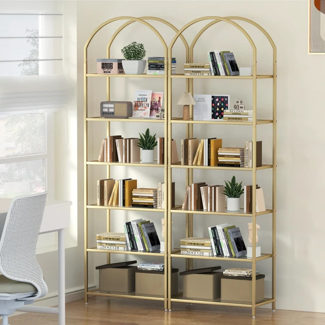 Alt view image 5 of 7 - 6-Tier Tall Gold Bookshelf, Arched Bookcase with Glass Shelves | Modern Arched Display Racks, Metal Bookcase, Storage Shelf for Home, Office,Living Room,Bedroom, 11.8" D x 23.6" W x 73.6" H