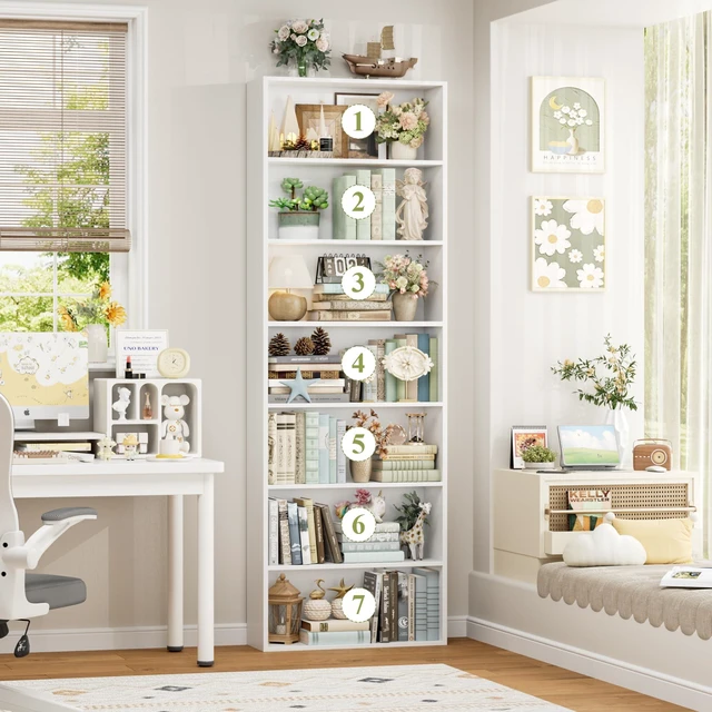 Alt view image 2 of 6 - 82" Tall Bookshelf White Bookcase, 7-Tier Open Display Shelves | Extra Tall Bookcase with Storage, Floor to Ceiling Bookshelves, Narrow Bookshelf Home Decor Furniture for Office, Living Room