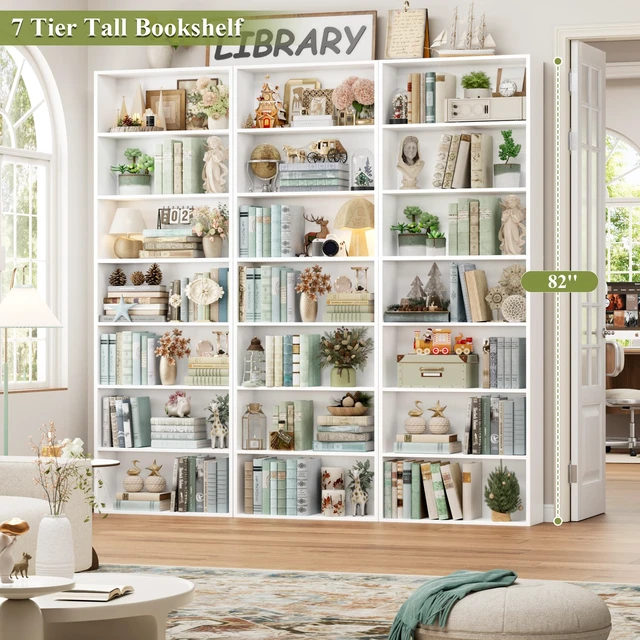 Alt view image 4 of 6 - 82" Tall Bookshelf White Bookcase, 7-Tier Open Display Shelves | Extra Tall Bookcase with Storage, Floor to Ceiling Bookshelves, Narrow Bookshelf Home Decor Furniture for Office, Living Room