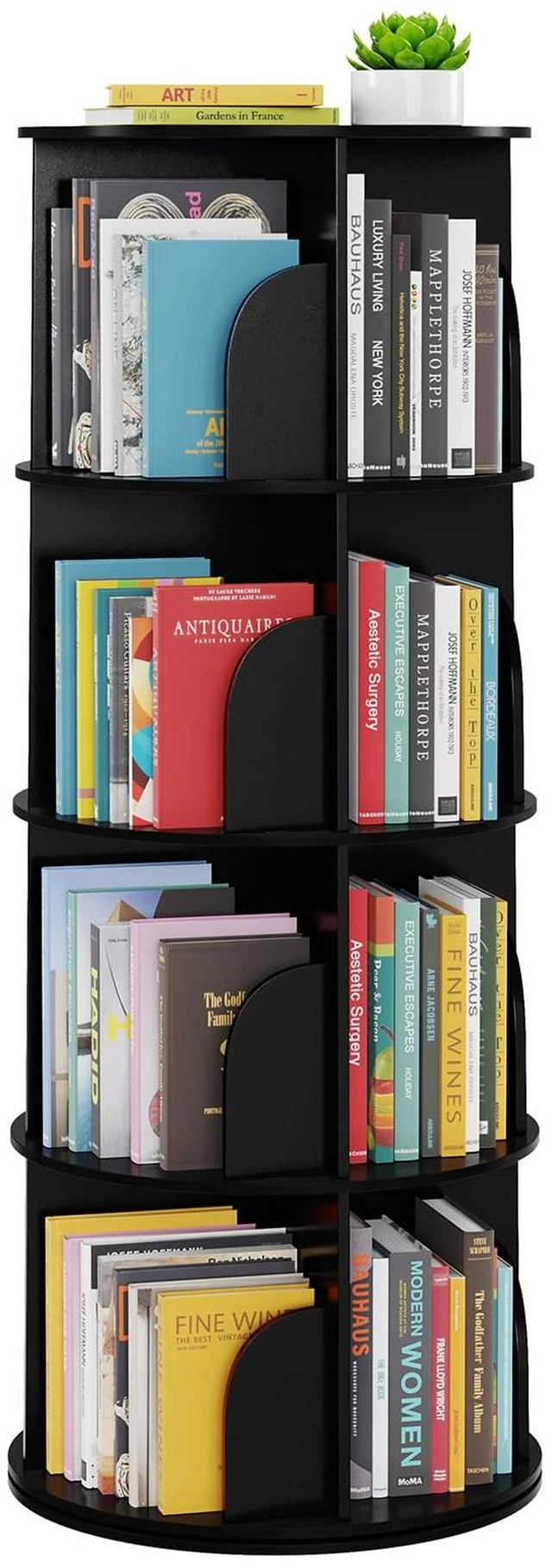 Main image of 4 Tier Rotating Bookshelf Tower, Spinning Bookcase Lazy Susan, Revolving 360 Book Shelf Storage Round Carousel, Vertical Rotate Turning Spiral Corner Organizer, Black