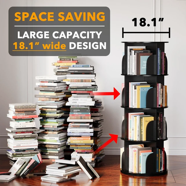 Alt view image 2 of 7 - 4 Tier Rotating Bookshelf Tower, Spinning Bookcase Lazy Susan, Revolving 360 Book Shelf Storage Round Carousel, Vertical Rotate Turning Spiral Corner Organizer, Black