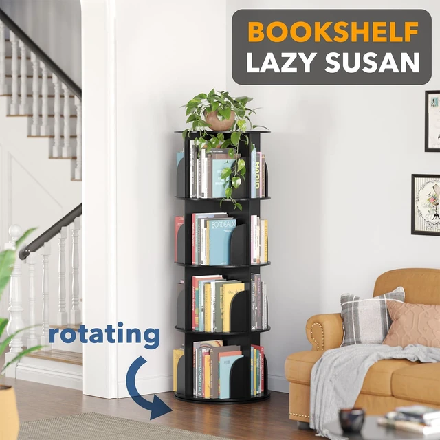Alt view image 3 of 7 - 4 Tier Rotating Bookshelf Tower, Spinning Bookcase Lazy Susan, Revolving 360 Book Shelf Storage Round Carousel, Vertical Rotate Turning Spiral Corner Organizer, Black