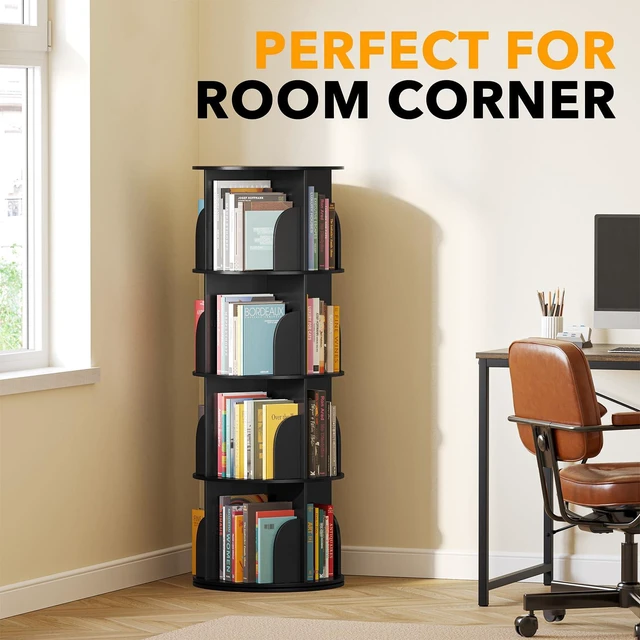 Alt view image 4 of 7 - 4 Tier Rotating Bookshelf Tower, Spinning Bookcase Lazy Susan, Revolving 360 Book Shelf Storage Round Carousel, Vertical Rotate Turning Spiral Corner Organizer, Black