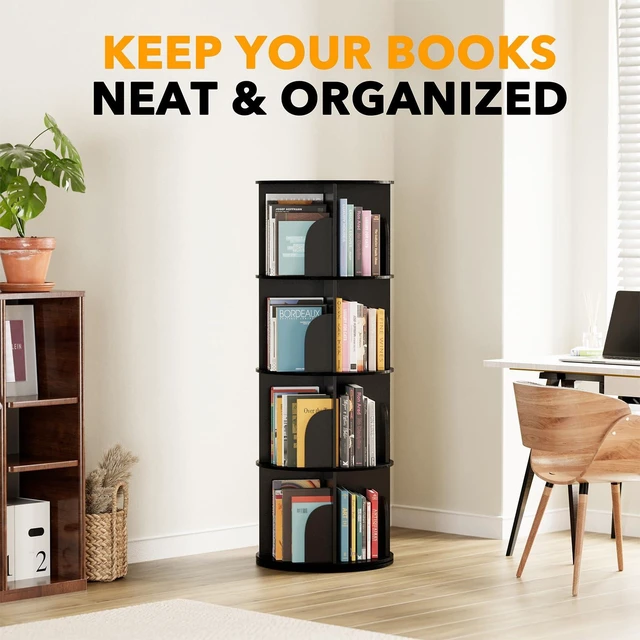 Alt view image 6 of 7 - 4 Tier Rotating Bookshelf Tower, Spinning Bookcase Lazy Susan, Revolving 360 Book Shelf Storage Round Carousel, Vertical Rotate Turning Spiral Corner Organizer, Black