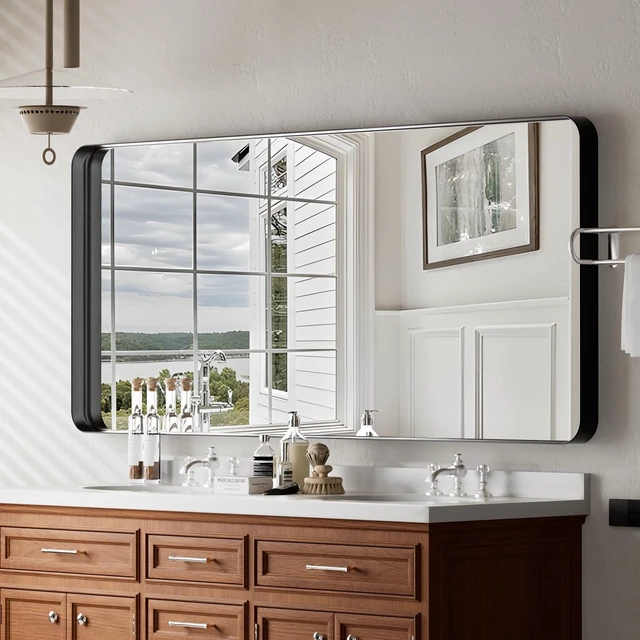 Alt view image 2 of 7 - Bathroom Mirror 30"x48", Black Gorgeous Deep Frame Wall Mirror | Modern Round Corners Bathroom Vanity Mirror over Sink, Hanging or Leaning Horizontally or Vertically for Bedroom, Living Room