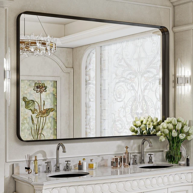 Main image of Bathroom Mirror 30"x48", Black Gorgeous Deep Frame Wall Mirror | Modern Round Corners Bathroom Vanity Mirror over Sink, Hanging or Leaning Horizontally or Vertically for Bedroom, Living Room
